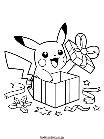 Christmas Pikachu coloring page: Pikachu climbing out of an open gift box with ribbons, stars and a poinsettia around it