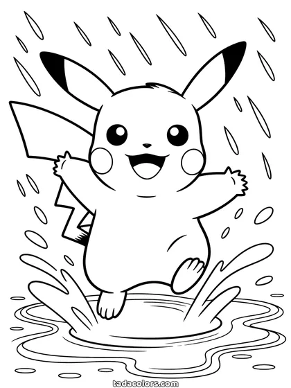 Pikachu coloring page: Pikachu jumping in a puddle with rain falling and water splashing up around his feet