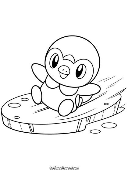 Piplup coloring page: Piplup sliding belly-first across a sheet of ice with his flippers out and snow around