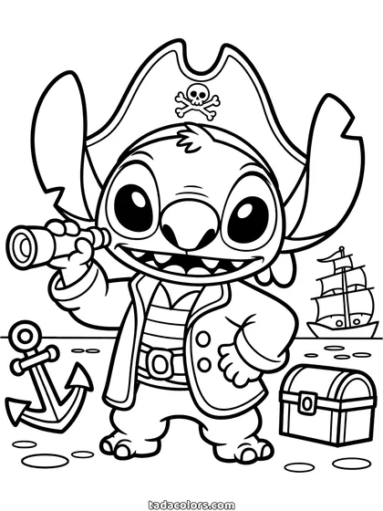 Pirate Stitch coloring page: Stitch in a pirate hat and coat holding a spyglass, with a treasure chest, an anchor and a sailing ship behind