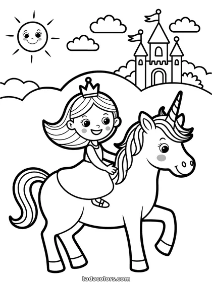 Princess unicorn coloring page: a princess wearing a crown rides her unicorn across a meadow with a castle and its towers on the hill behind