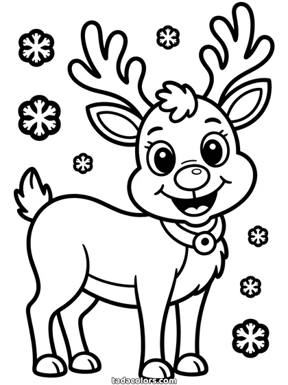 Reindeer coloring page: a young reindeer with a round glowing nose, tall branching antlers and a collar, snowflakes falling around it
