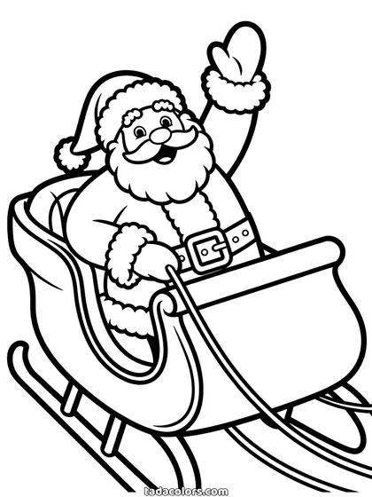 Santa sleigh coloring page: Santa waving from a curved wooden sleigh loaded with a sack of wrapped presents