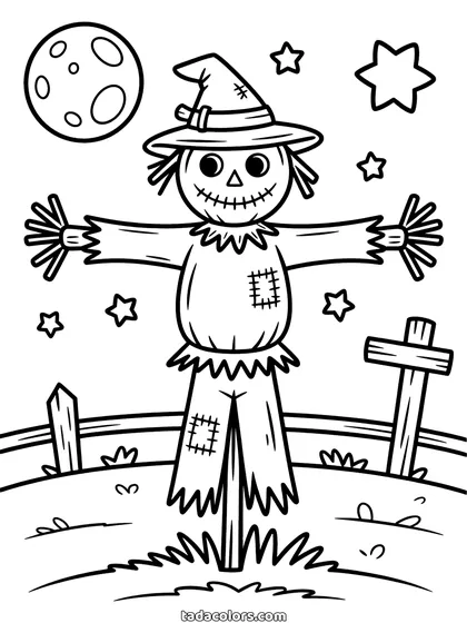 Scarecrow coloring page: a stitched scarecrow in a pointed hat standing on a pole in a field at night with a fence and a moon behind