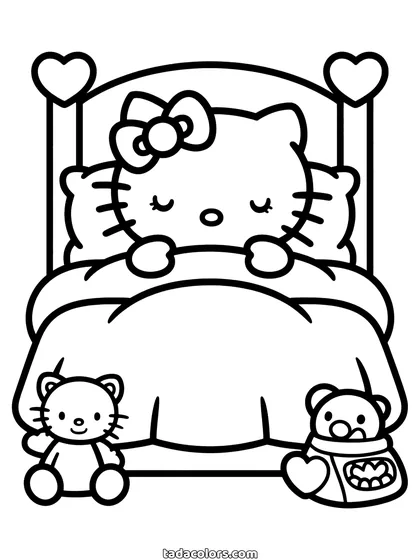 Sleeping Hello Kitty coloring page: Hello Kitty tucked under a heart-patterned quilt in a four-poster bed with two teddy bears below
