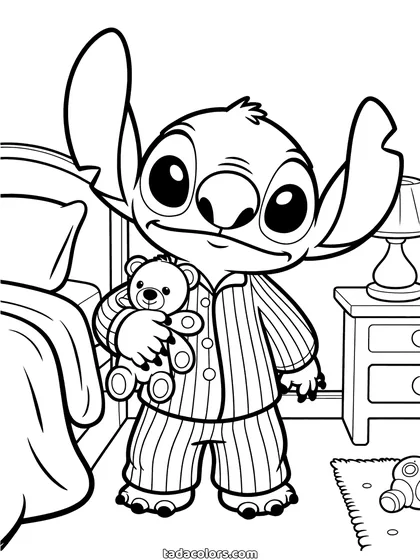 Sleepy Stitch coloring page: Stitch in striped pyjamas holding a teddy bear, with a bed and a bedside lamp behind him