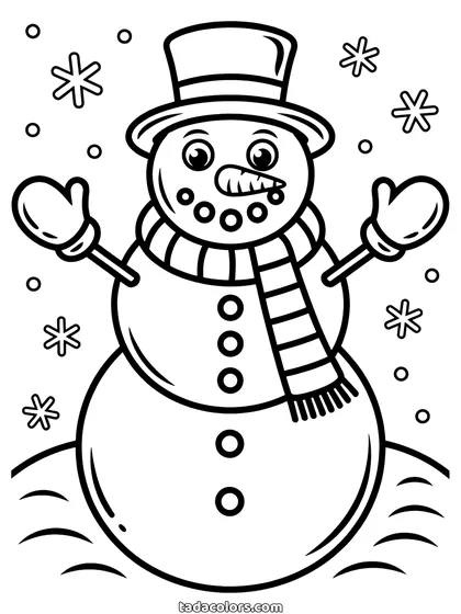 Snowman coloring page: a cheerful snowman in a top hat and a long scarf, wearing mittens, with snowflakes falling around him