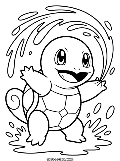Squirtle coloring page: Squirtle firing a jet of water that curls around him in a wave, droplets flying