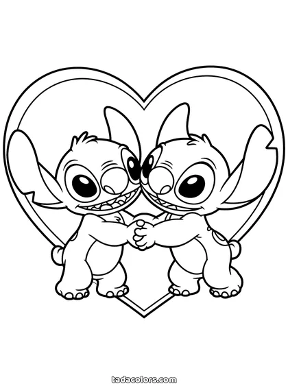 Stitch and Angel coloring page: Stitch and Angel holding paws inside a large heart outline