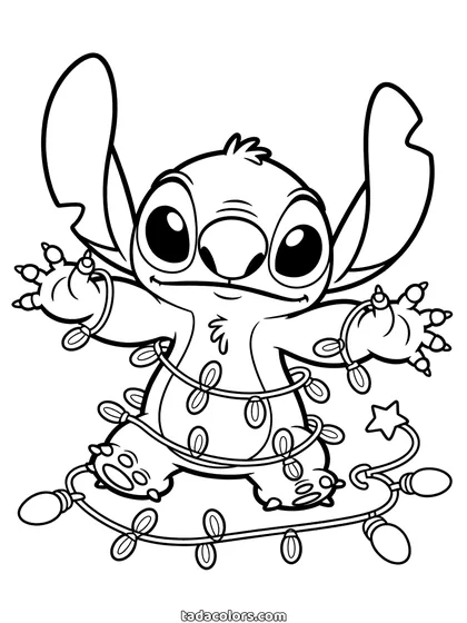 Christmas Stitch coloring page: Stitch grinning while wrapped up in a long string of fairy lights, with stars around him