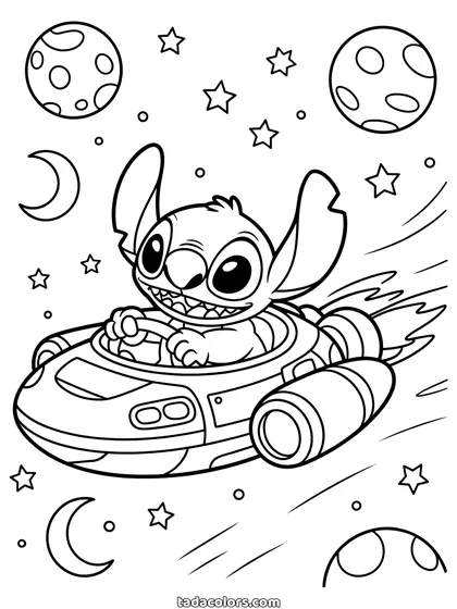 Stitch coloring page: Stitch at the controls of his small red spaceship, flying past planets, stars and a crescent moon