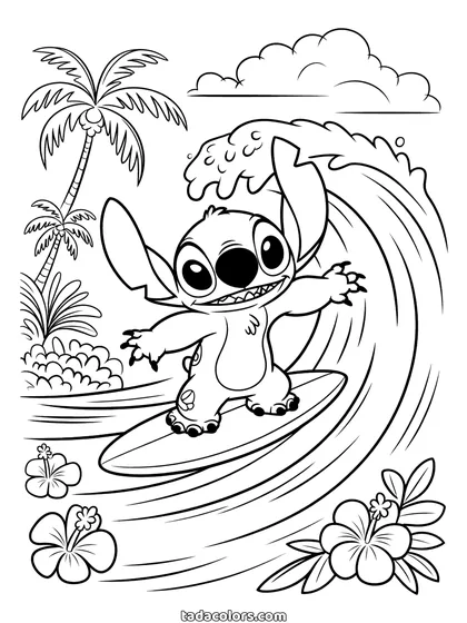 Surfing Stitch coloring page: Stitch riding a surfboard up a tall curling wave, with palm trees and hibiscus flowers on the shore