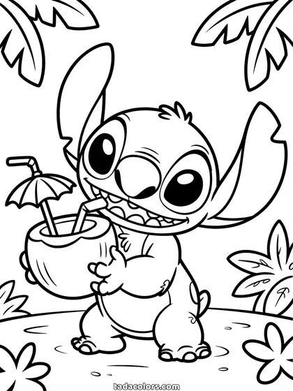 Stitch coloring page: Stitch holding a coconut with a straw and a small paper umbrella in it, palm leaves behind him