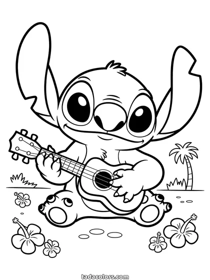 Stitch coloring page: Stitch sitting and strumming a ukulele, with hibiscus flowers around him and palm trees behind