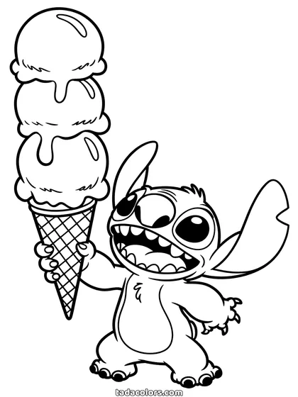 Stitch coloring page: Stitch standing next to an ice cream cone taller than he is, with three stacked scoops starting to melt