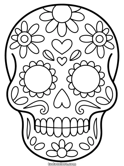 Sugar skull coloring page: a skull decorated with flowers, petals around the eye sockets, a heart on the forehead and patterns on the teeth