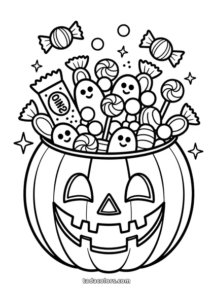 Halloween candy bucket coloring page: a carved pumpkin bucket overflowing with wrapped sweets, lollipops and candy corn