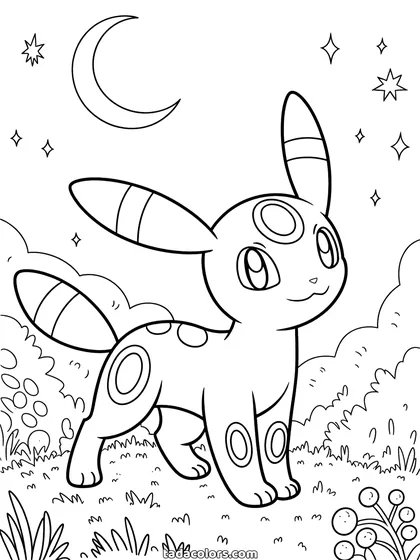 Umbreon coloring page: Umbreon standing under a crescent moon with the rings on his ears, legs and forehead, grass and stars around