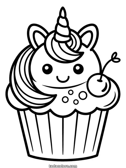 Unicorn cupcake coloring page: a cupcake with a unicorn face, swirled frosting as a mane, a twisted horn, ears and a cherry on a stem