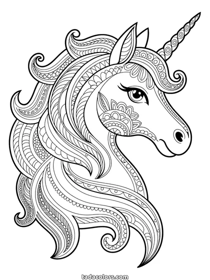 Unicorn mandala coloring page: a unicorn head in profile with its mane divided into curling bands, each band filled with a different pattern