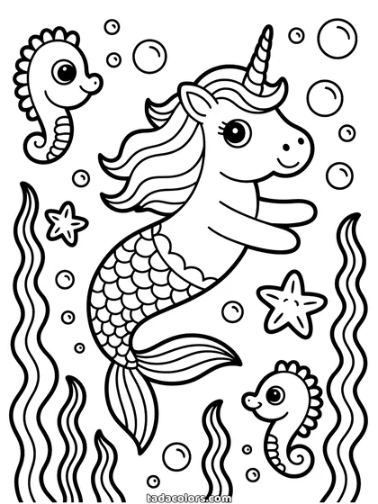 Unicorn mermaid coloring page: a unicorn with a scaled mermaid tail swimming underwater with two seahorses, starfish, bubbles and tall seaweed