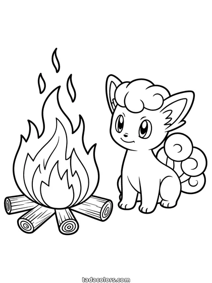 Vulpix coloring page: Vulpix sitting beside a small fire with his six curled tails spread out behind him