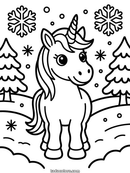 Winter unicorn coloring page: a unicorn standing in a snowy field with fir trees on both sides, a fence behind and large snowflakes falling