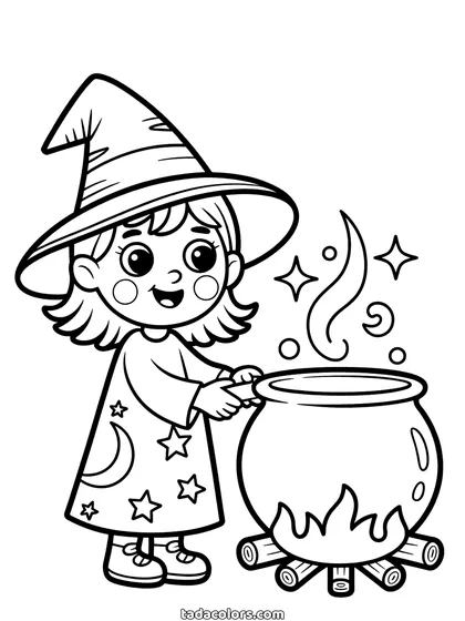 Witch cauldron coloring page: a young witch in a starry hat stirring a bubbling cauldron set over a small fire